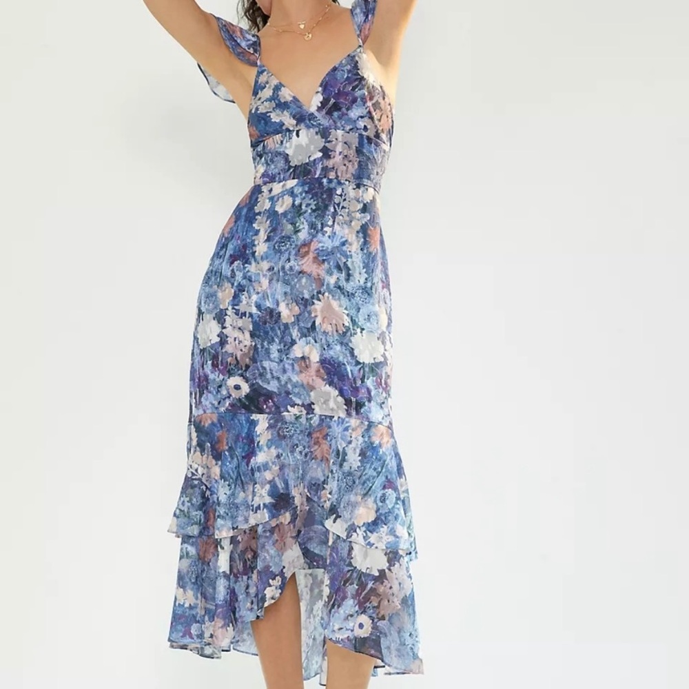ANTHROPOLOGIE Hutch Floral Satin Ruffle MIDI Dress